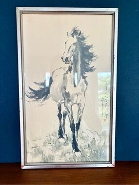 Large Vintage Print by Chinese Artist Xu Beihong Mid Century Art Piece in Frame